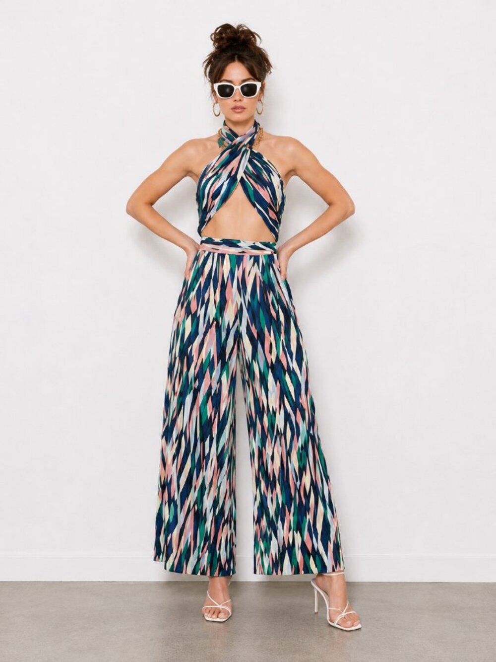 Multi Retro Print Wide Leg Pants Set Wrap Top NWT